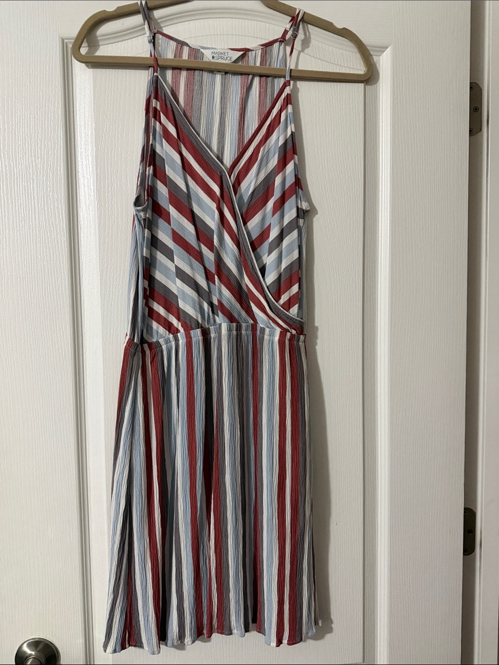 Market & Spruce Striped Sleeveless Wrap Midi Dress in Red, Blue, and Gray
